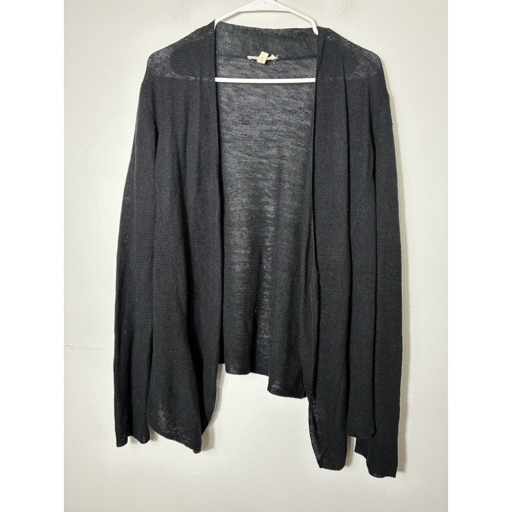 Eileen Fisher Open Knit Cardigan XL Black Organic Linen Minimalist Quiet Luxury